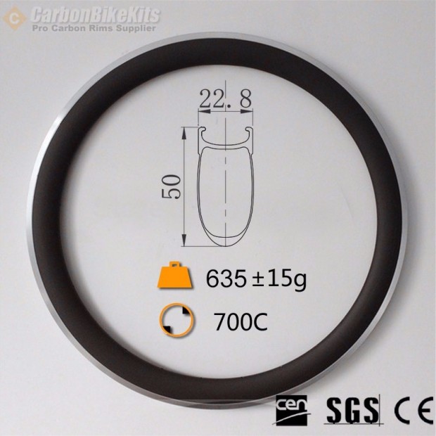 700C 50x23mm Cerchio Clincher in Carbonio con Superficie Frenante in Lega per Bicicletta da Strada 700C 50x23mm Cerchio Clincher in Carbonio con Superficie Frenante in Lega per Bicicletta da Strada